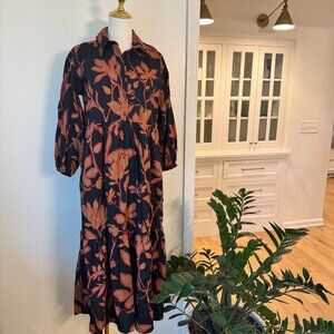 Maeve Anthropologie Bettina Tiered Shirt Dress Black Brown Floral Size S